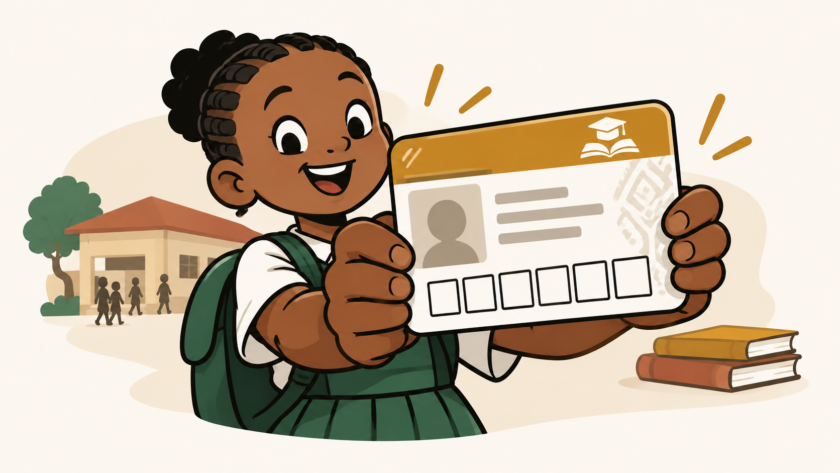 Une écolière en uniforme vert brandit sa carte scolaire, avec une rangée de cases vides pour le numéro de matricule.