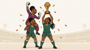 Illustration cartoon : trois footballeuses camerounaises célèbrent leur titre sous les confettis, l'une brandit le trophée, la gardienne en maillot prune est portée sur les épaules d'une coéquipière.