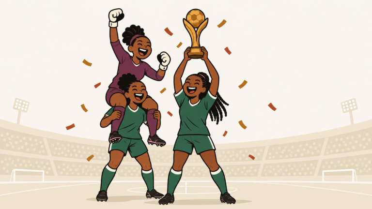 Illustration cartoon : trois footballeuses camerounaises célèbrent leur titre sous les confettis, l'une brandit le trophée, la gardienne en maillot prune est portée sur les épaules d'une coéquipière.