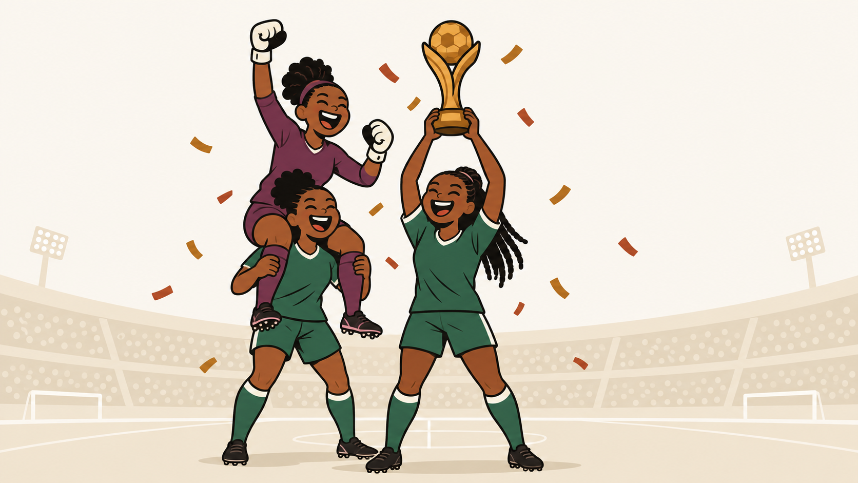 Illustration cartoon : trois footballeuses camerounaises célèbrent leur titre sous les confettis, l'une brandit le trophée, la gardienne en maillot prune est portée sur les épaules d'une coéquipière.