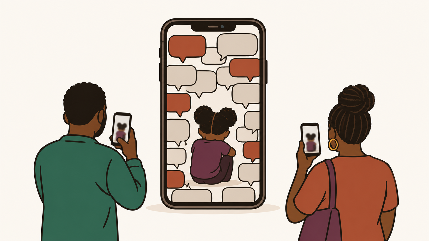 Illustration cartoon : une petite fille assise de dos au centre d'un écran de téléphone géant, cernée par des bulles de commentaires. À l'extérieur, deux adultes de dos la filment avec leur propre téléphone.
