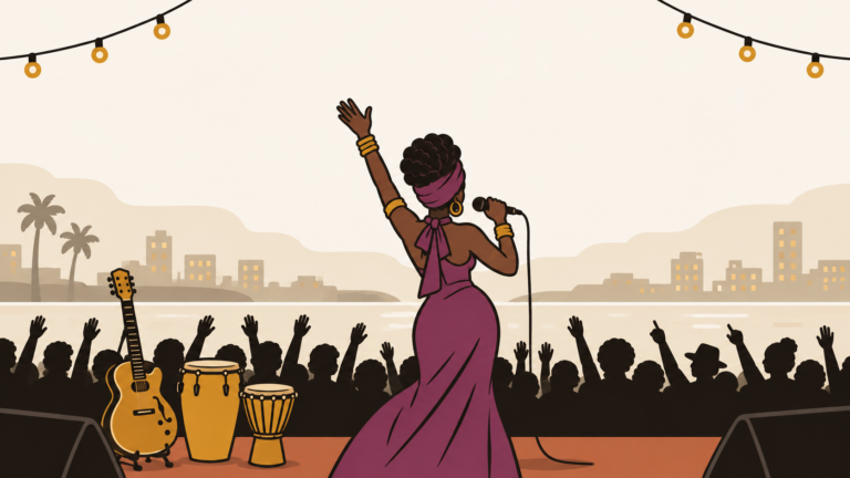Illustration cartoon : une chanteuse en robe prune, vue de dos, bras levé et micro en main sur une scène au bord de l'eau, devant un public en silhouette. Guitare et tam-tams posés à côté, guirlandes d'ampoules au-dessus.