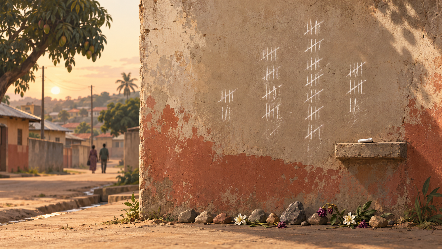Quatre colonnes de bâtons tracés à la craie sur un mur de béton, de plus en plus hautes, la dernière interrompue. Au pied du mur, des pierres alignées et des fleurs posées au sol.