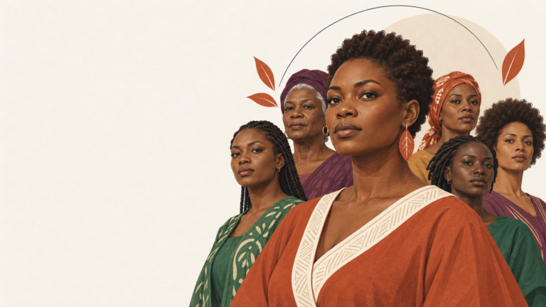 Illustration : six femmes camerounaises de tous âges, coiffures et tenues variées, se tiennent côte à côte, menton relevé et regard porté droit devant. Ni peur ni pose, une présence calme et assurée.