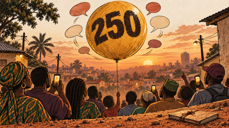 Illustration : au crépuscule sur les hauteurs de Yaoundé, une foule vue de dos lève des téléphones vers un immense ballon doré marqué 250, retenu par une ficelle qu'un enfant tient à bout de bras. Des bulles de conversation vides tournent autour. Au sol, un dossier ficelé prend la poussière, ignoré.