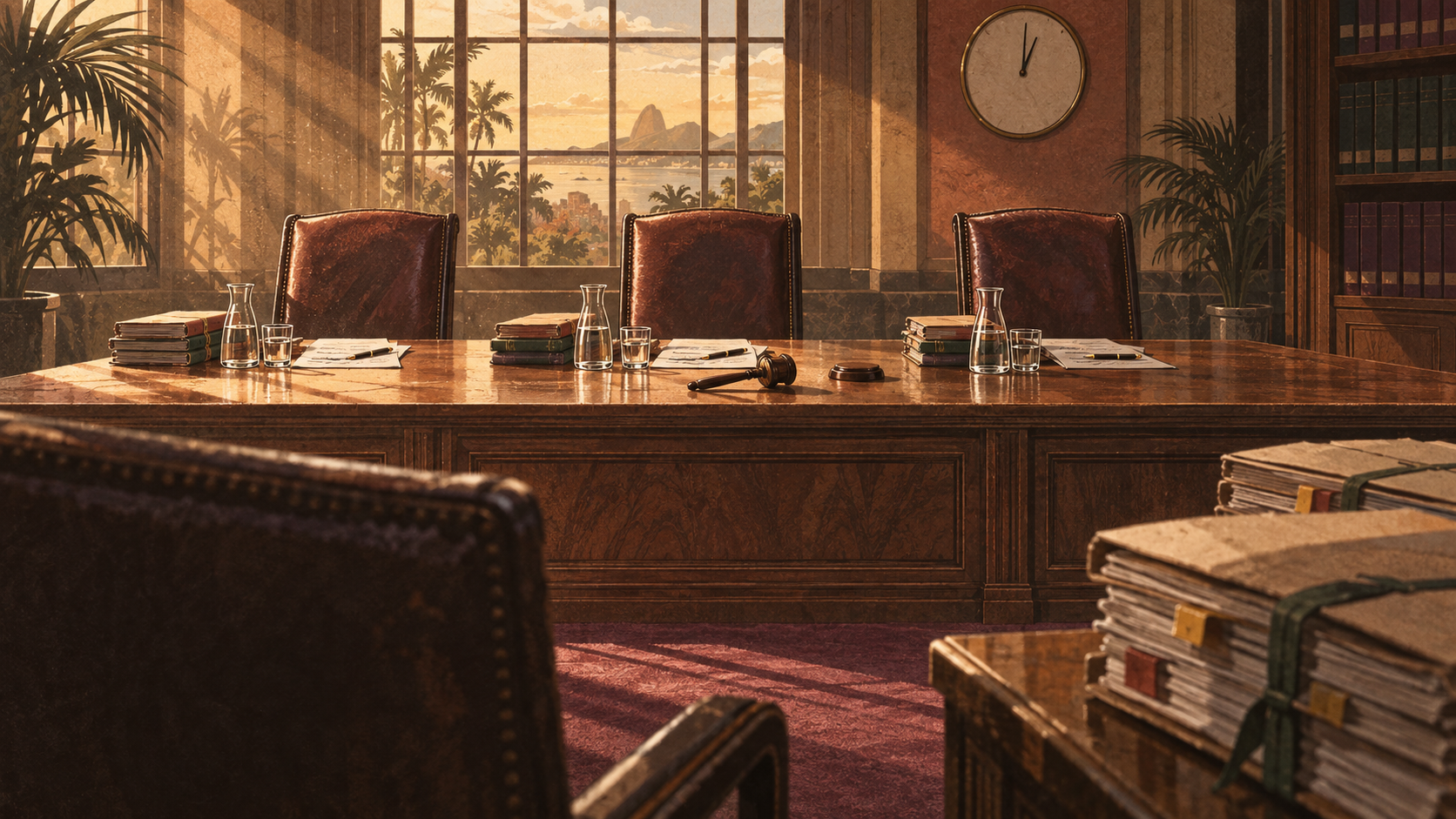 Salle d'arbitrage déserte, marteau d'audience couché à plat et socle posé à côté, horloge qui n'a pas atteint midi.