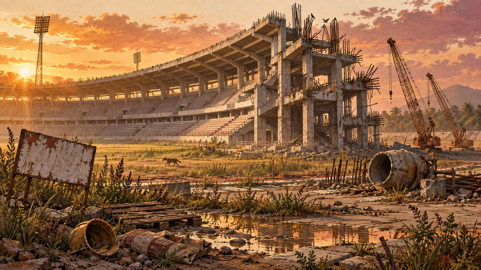Stade inachevé à l'heure dorée : une moitié bâtie, l'autre arrêtée sur des armatures nues, chantier envahi par les herbes, grues à l'arrêt.
