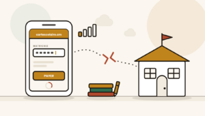 Illustration : un téléphone affiche la page de paiement cartescolaire.cm avec un champ matricule et un bouton Payer qui charge, tandis que la liaison en pointillés vers l'école se rompt en plein milieu.